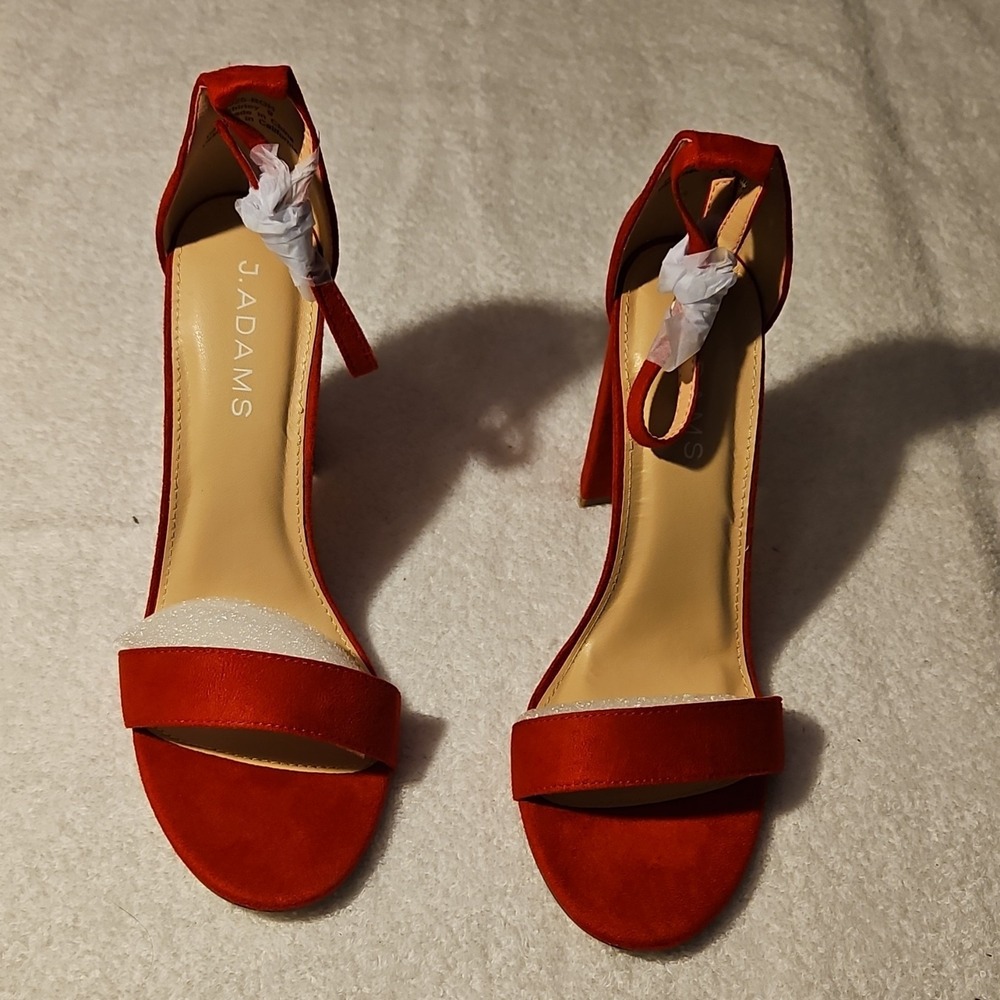 J. Adams Red Suede Strappy Block Heel Ankle Strap Sandals Open Toe Buckle Size 9